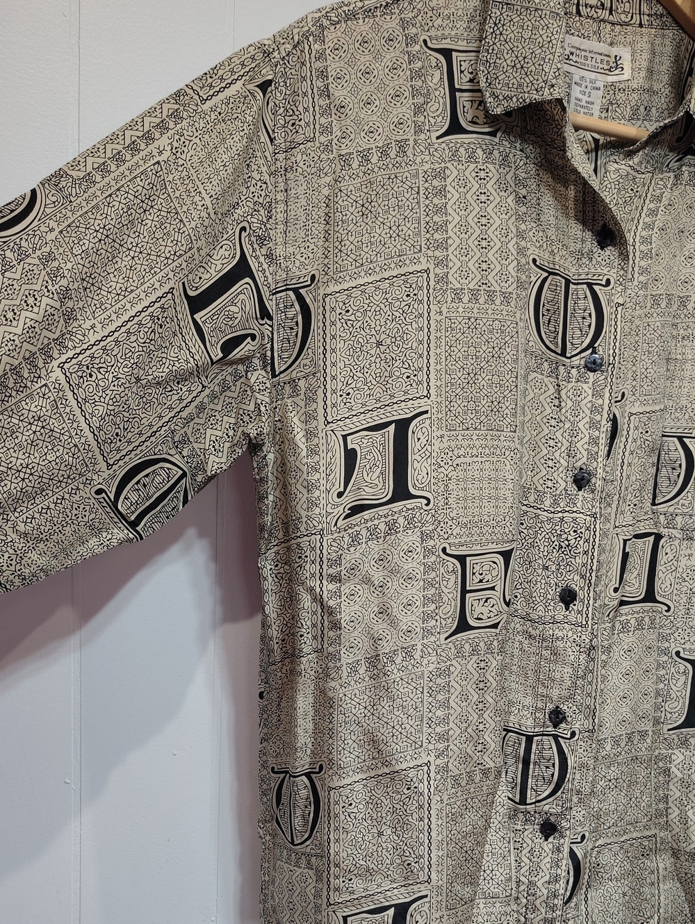 Vintage Whistles 100% Silk Hieroglyphic Antique Script Print Blouse Small - Picture 3 of 5